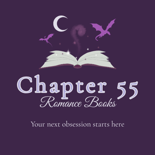 Logo for Chapter 55 Romance Books with an open book, dragons, and a crescent moon on a purple background.