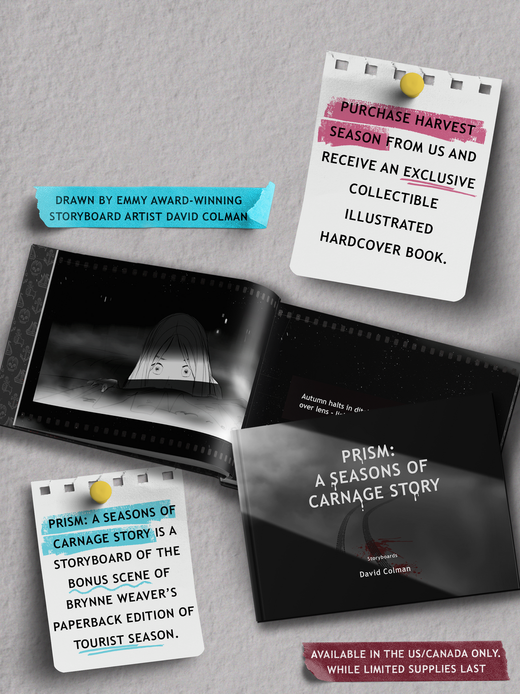 Promotional material for 'Harvest' season with text and images on a gray background